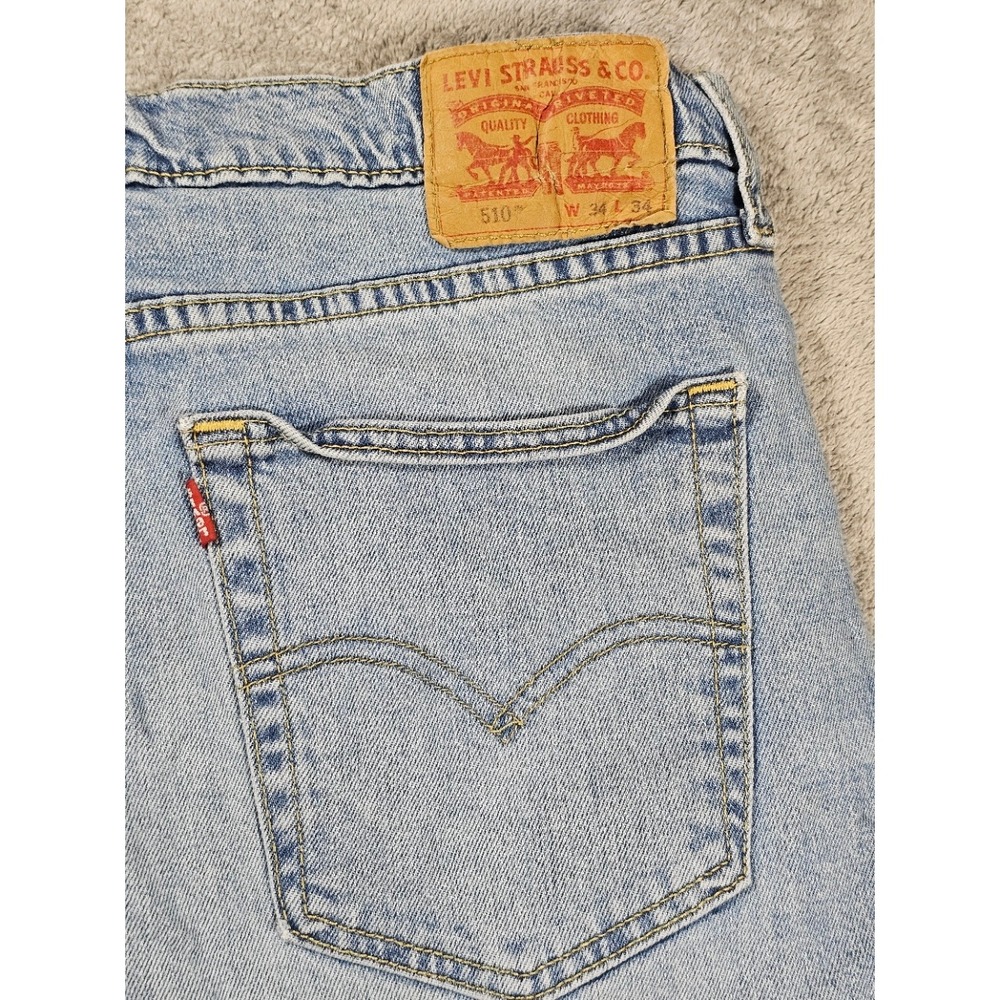 Levis 510 Skinny Fit Light Wash Distressed Jeans Mens 34x34 Light Blue Denim